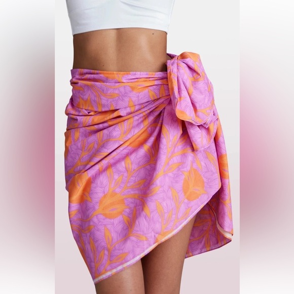 Liberty & Justice Floral Swim Cover-Up Sarong Wrap Skirt, Pink & Orange - Picture 4 of 7
